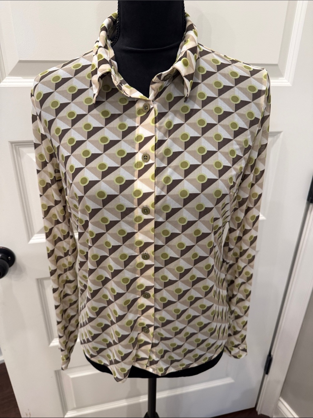 CAbi Geometric Button-Front Blouse in Green and Beige